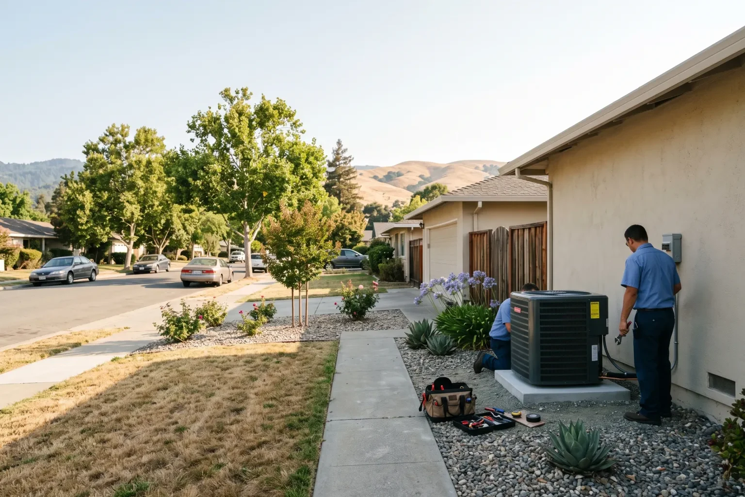 Technicians installing a new outdoor air conditioning unit beside a home